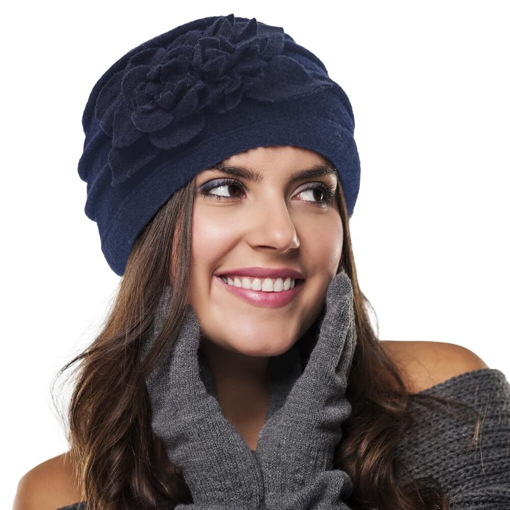 6338 Women Vintage Felt Bucket Hat Winter Wool Dress Beret Hat (c023-navy)